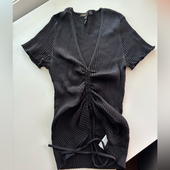 Maje Black Ribbed Drawstring Ruched Top - Picture 2 of 5